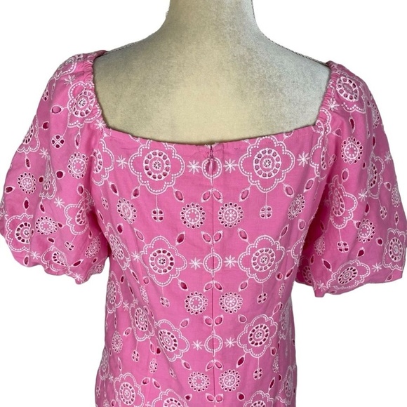 Talbots Pink Puff Sleeve Embroidered Eyelet Shift Dress 100% Cotton Size 4 - Picture 5 of 12